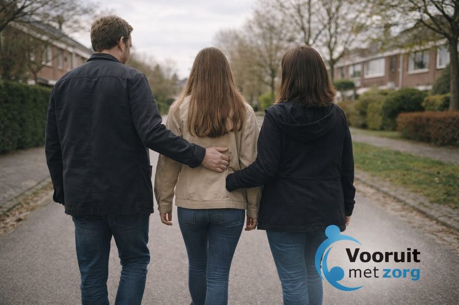 Een man, een jongere en een vrouw lopen op de rug gezien samen door een woonstraat.
