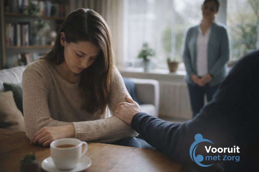 Een jonge vrouw zit aan een tafel bij het raam; iemand tegenover haar reikt met een hand naar haar toe.